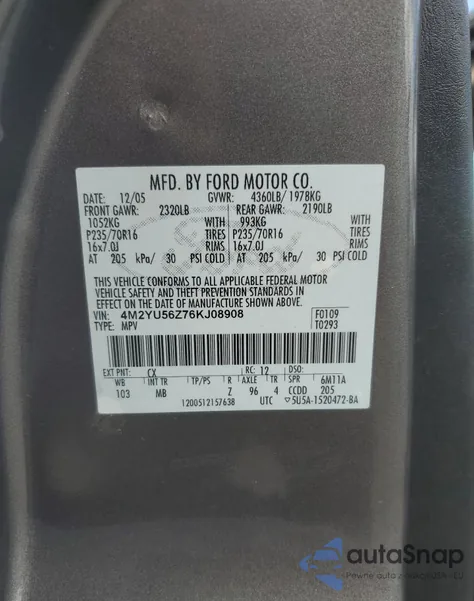 2006 Mercury Mariner z USA, uszkodzony, nr VIN 4M2YU56Z76KJ08908